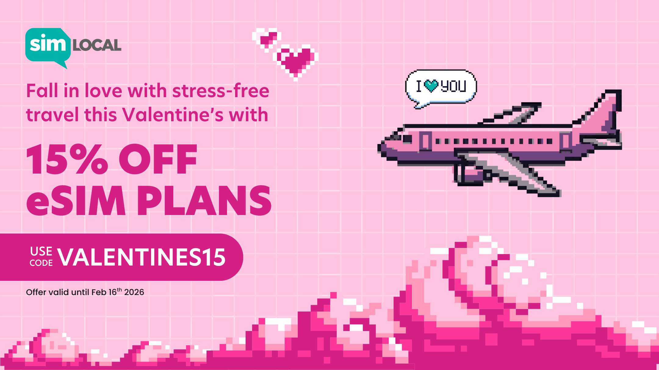 pinks valentines banner for 15% off eSIM plans 